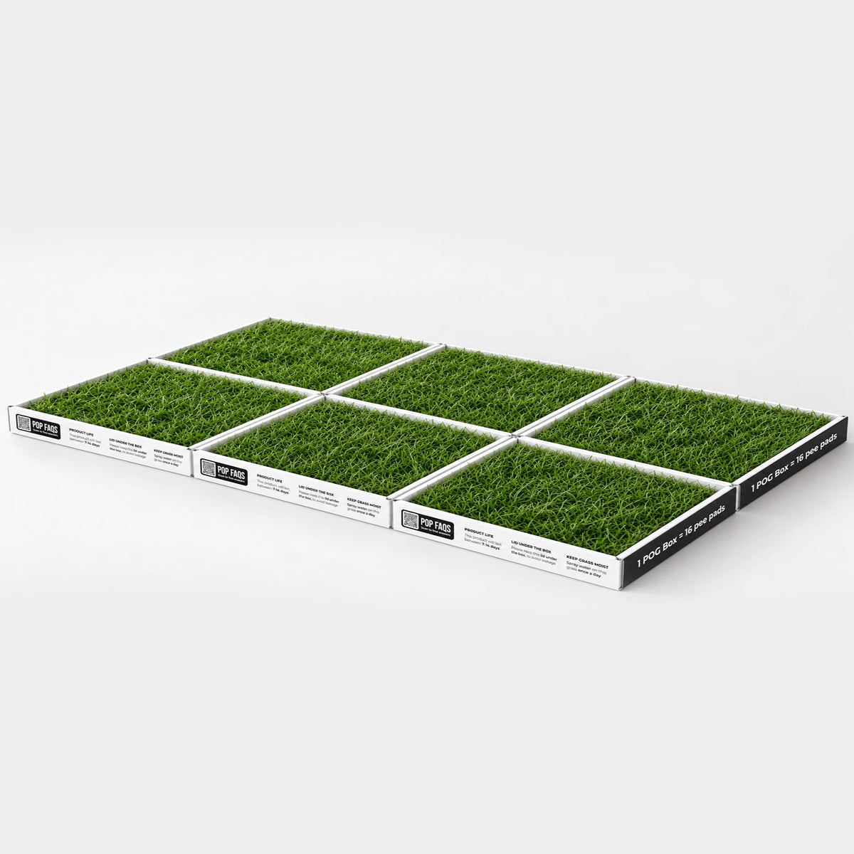 XXL six-box real grass dog toilet at 144 x 120 cm, angled view showing the low-profile 5 cm disposable trays