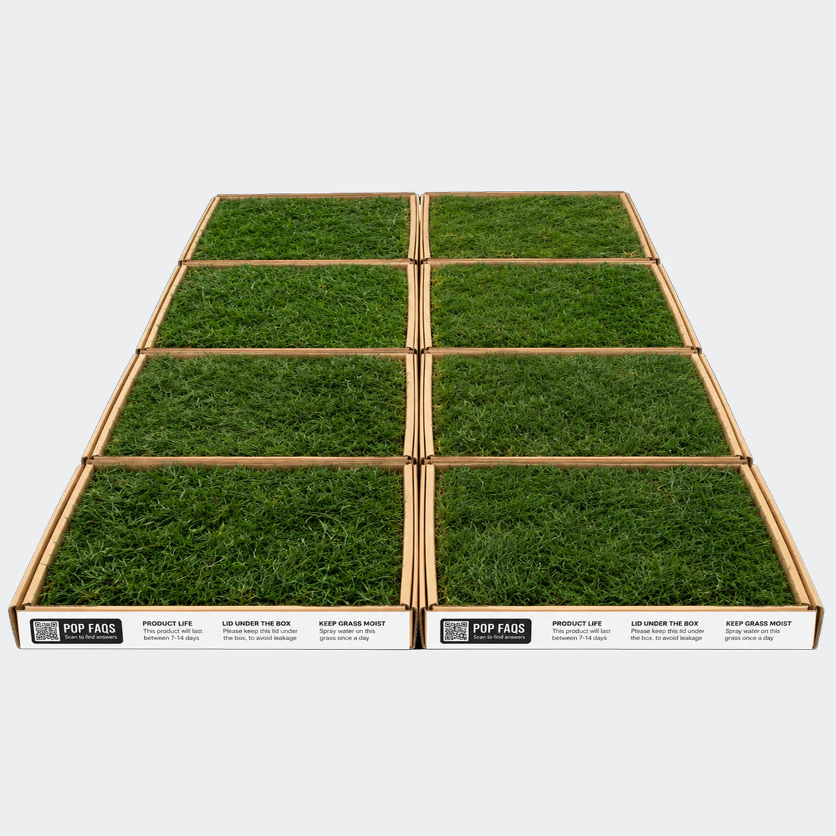 XXXL real grass dog toilet, the same eight boxes rearranged two wide by four deep, overhead view of fresh pesticide-free grass