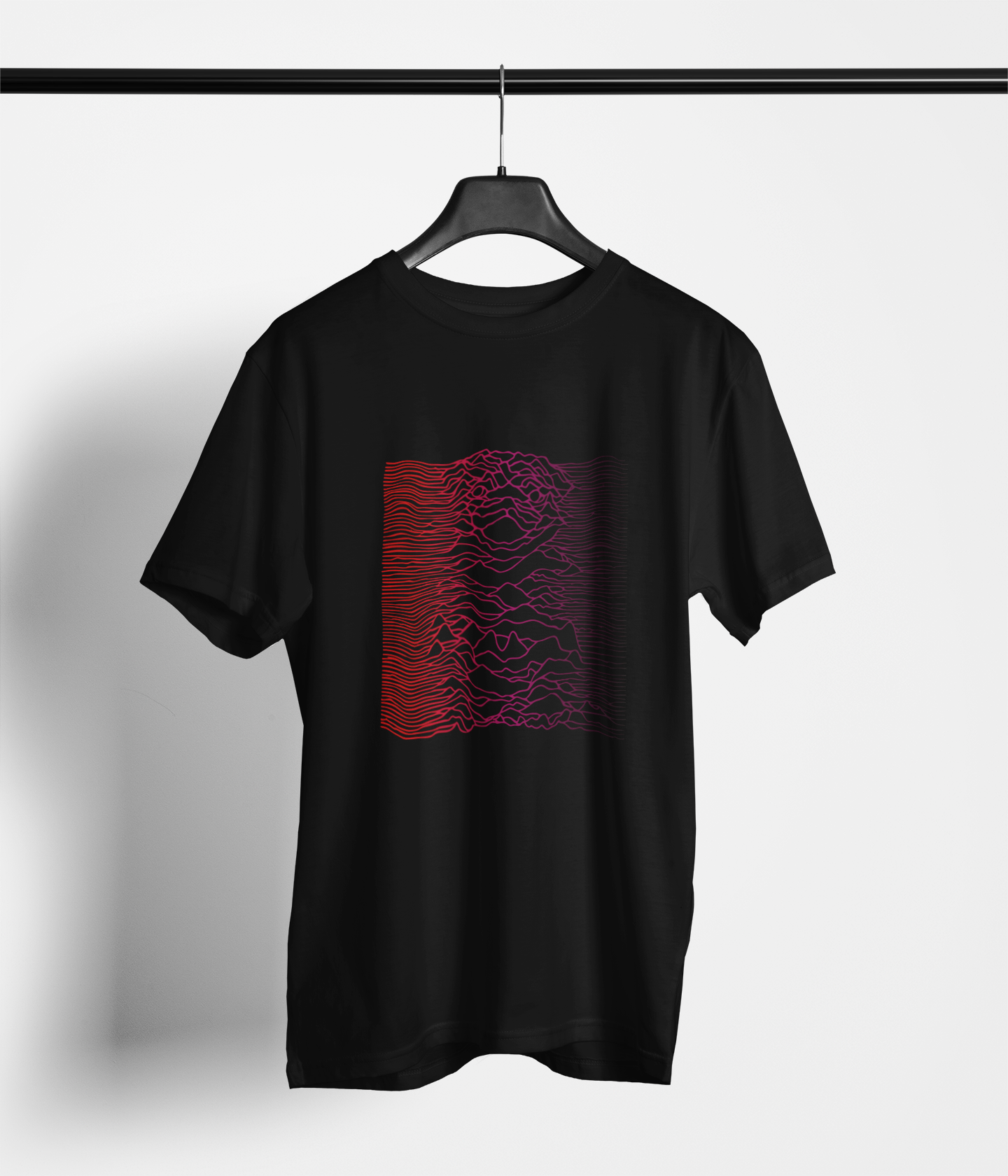 Black tee with red‑to‑purple abstract wave design forming a dog