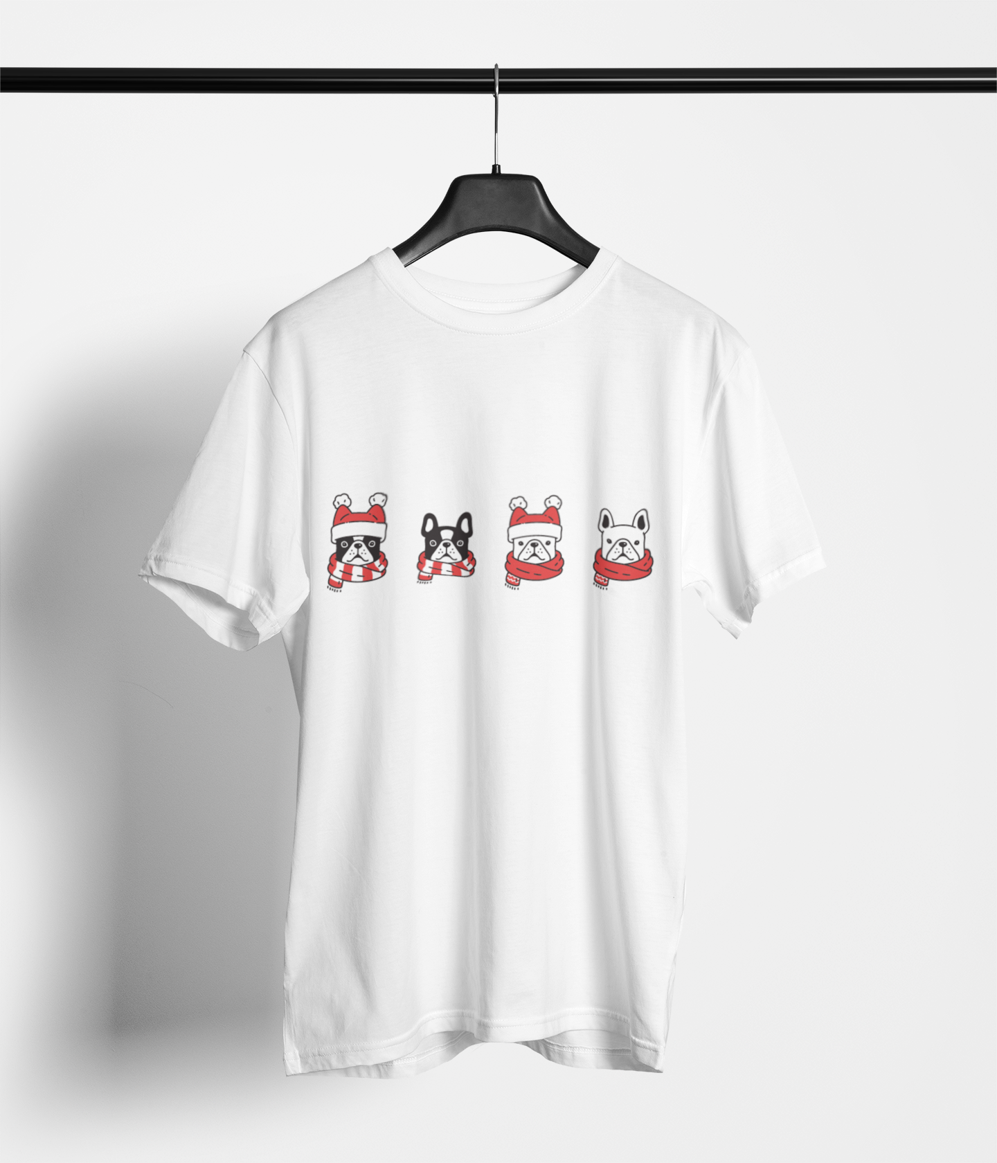 Festive Frenchie Parade T-Shirt – Santa Hats & Scarves