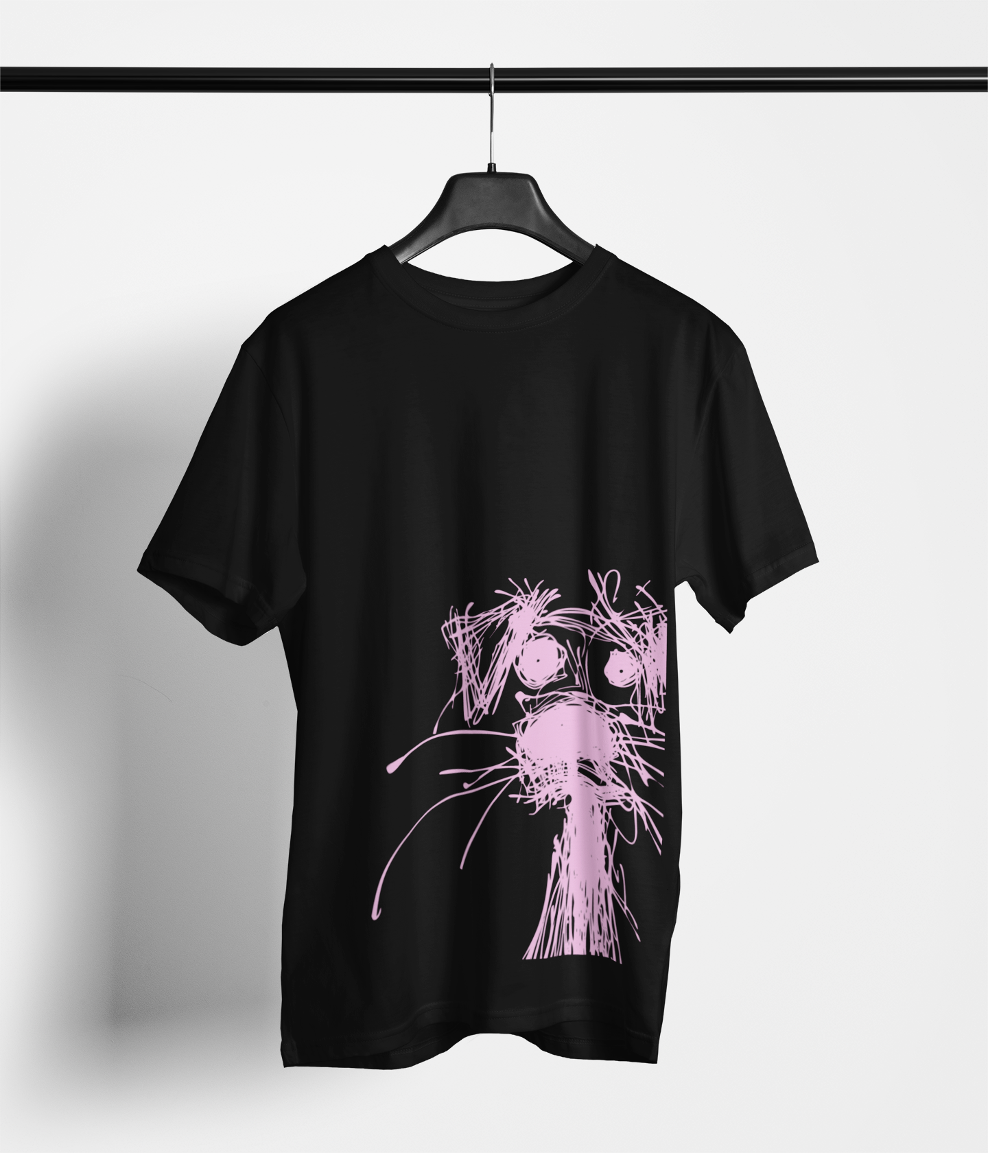 Black t-shirt with pink scribble‑style dog face graphic