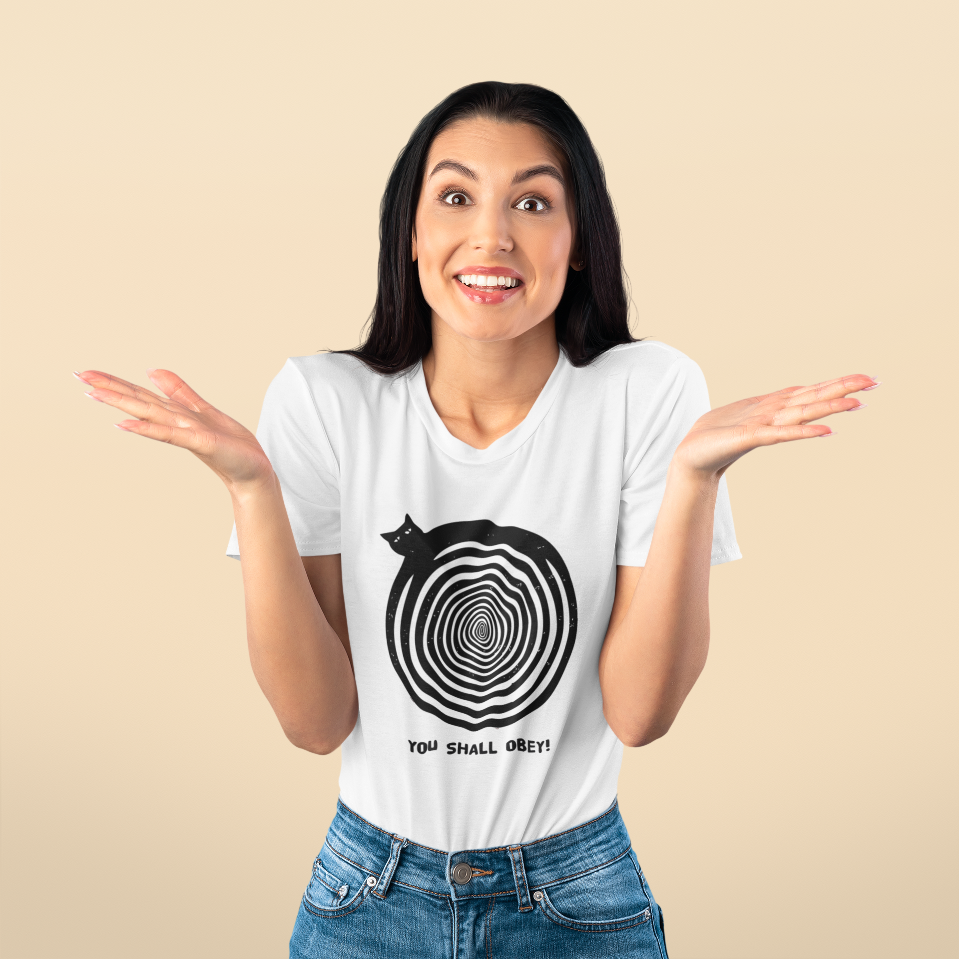 You Shall Obey Cat T-Shirt – Hypnotic Spiral Kitty