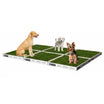 XXL Paws on Pause real grass dog toilet, six grass boxes arranged three wide by two deep at 144 x 120 cm, with a Labrador and two small dogs standing on the fresh grass