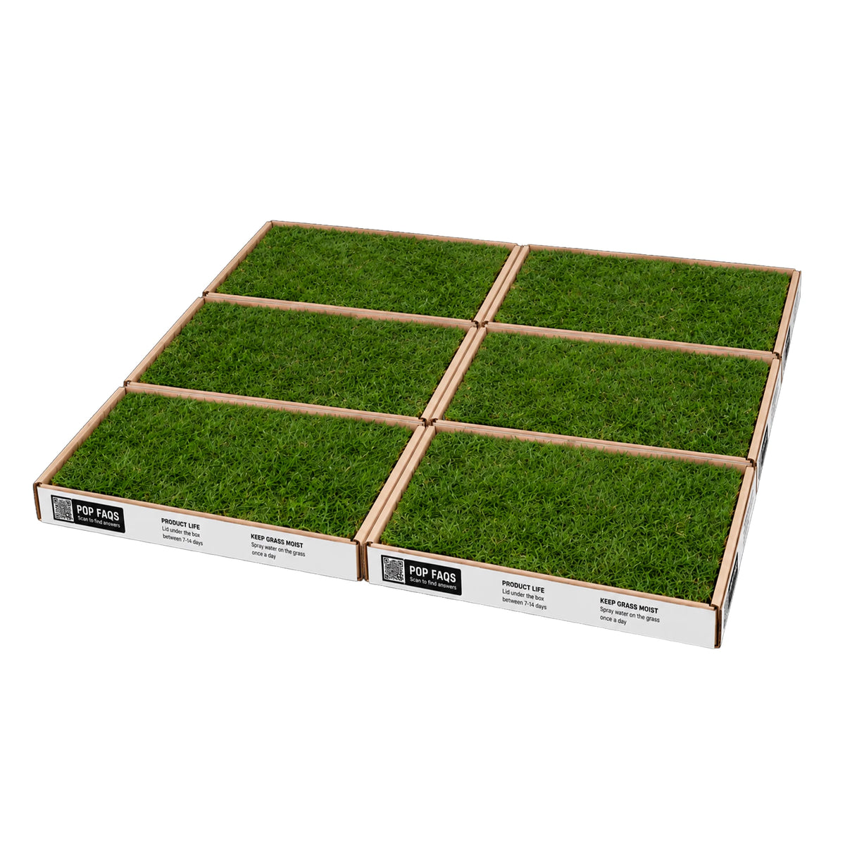 XXL real grass dog toilet, six modular boxes in a two wide by three deep layout, tilted view showing the seams between boxes