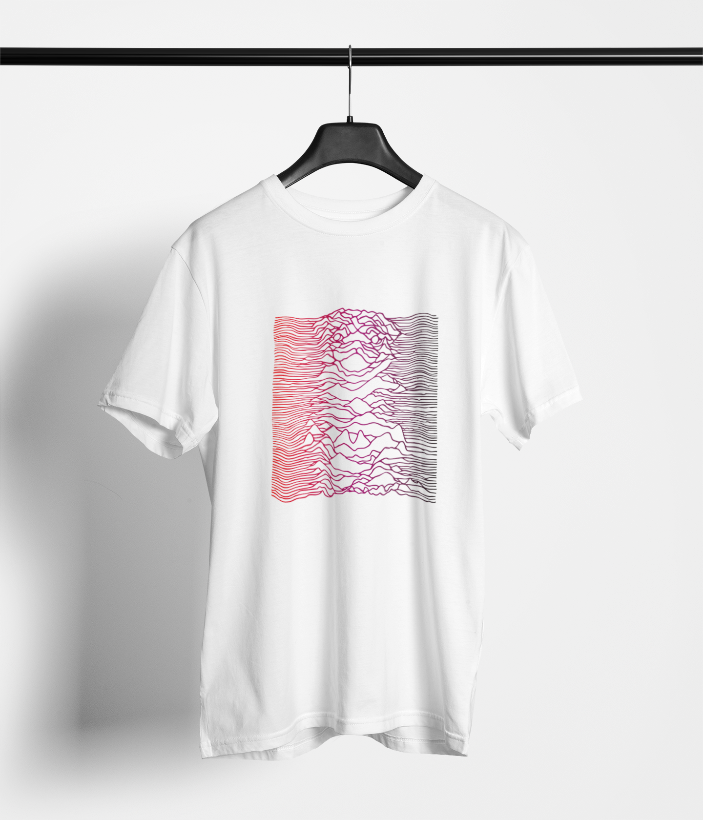 White tee with red‑to‑purple abstract wave design forming a dog