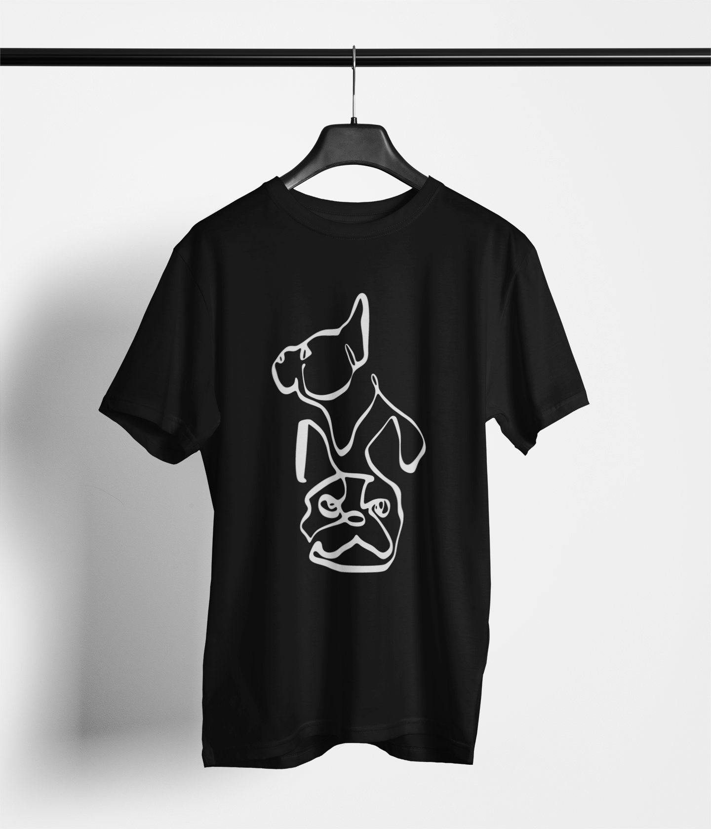 Black tee with minimal one‑line dog art—portrait and side view