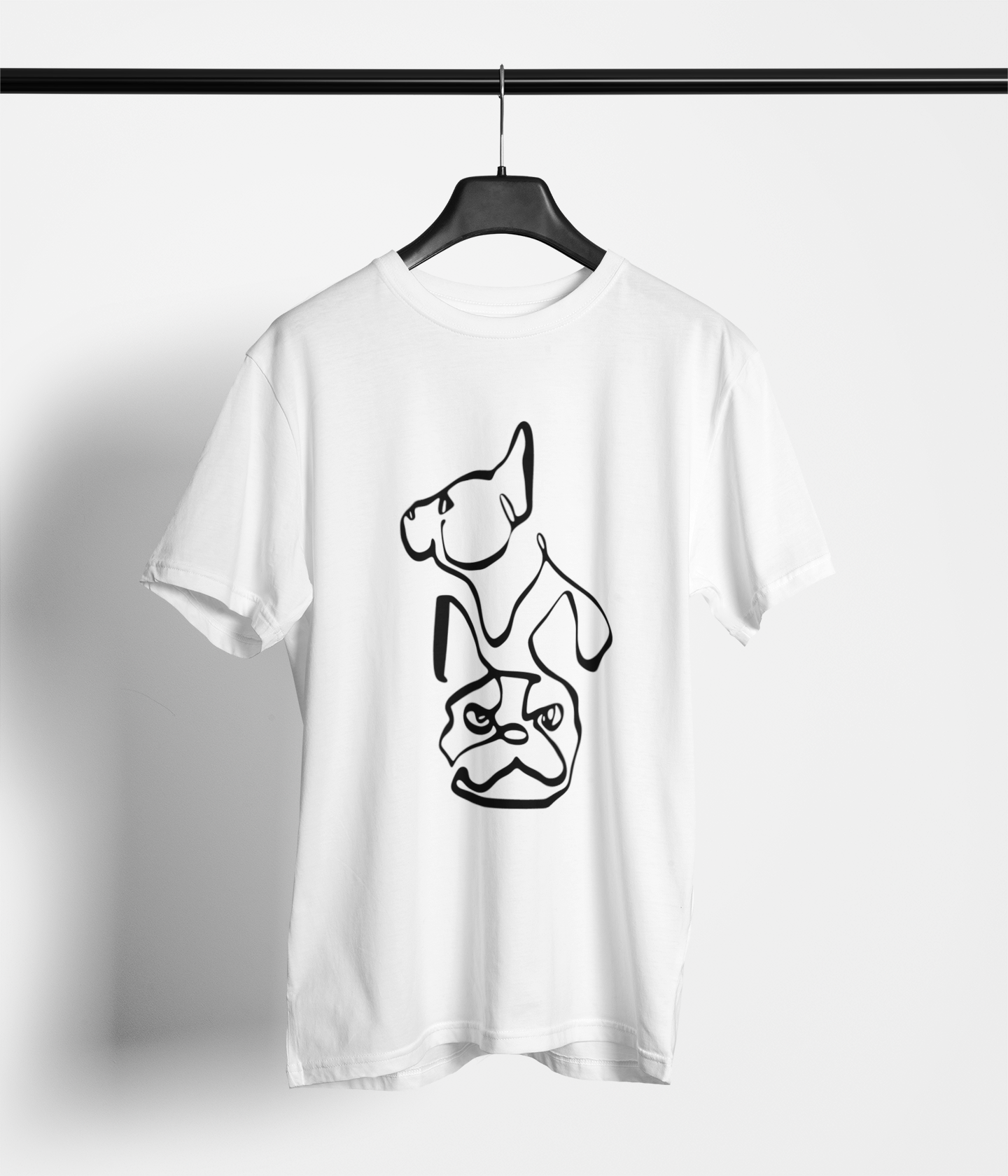 White tee with minimal one‑line dog art—portrait and side view