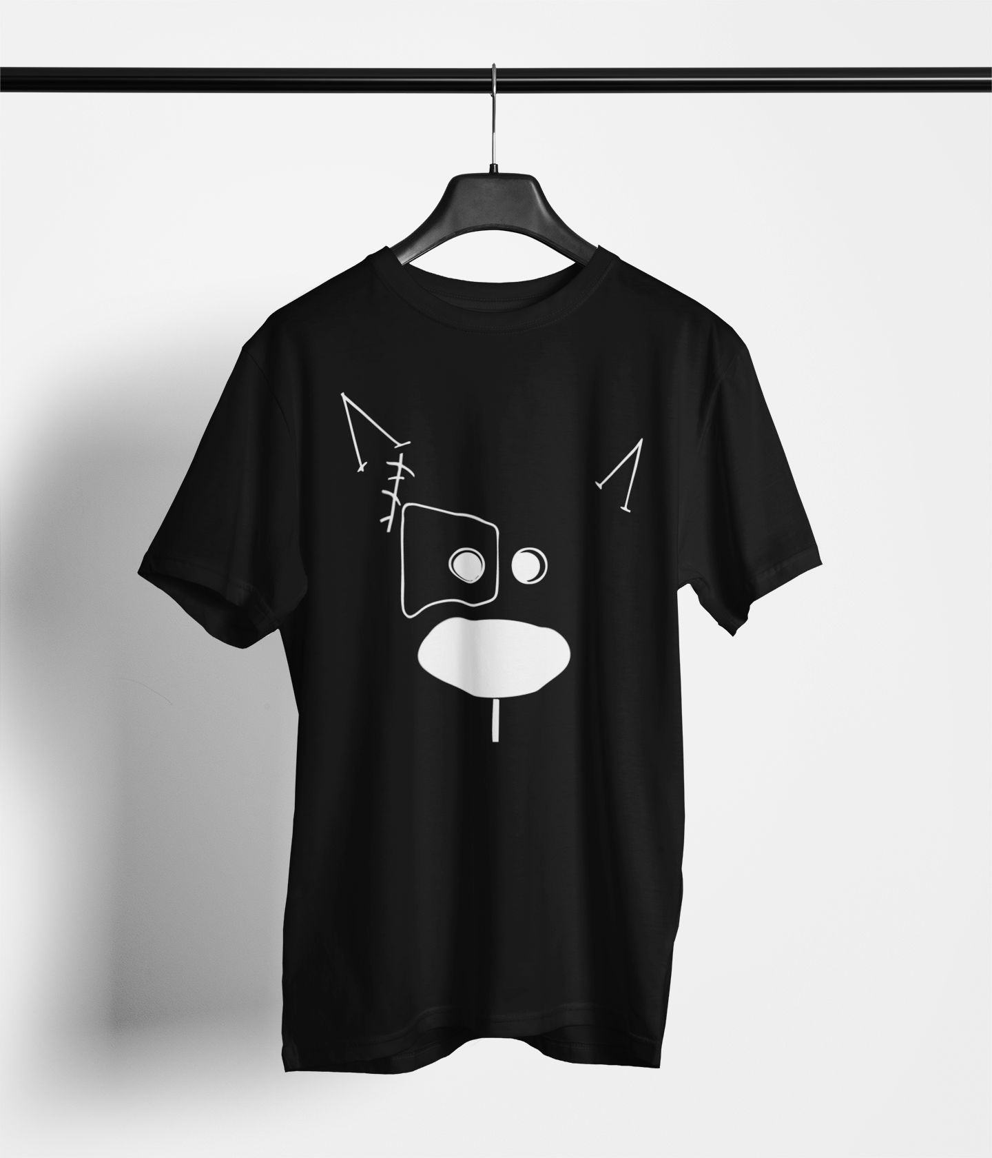 Black t-shirt with white abstract geometric dog face design