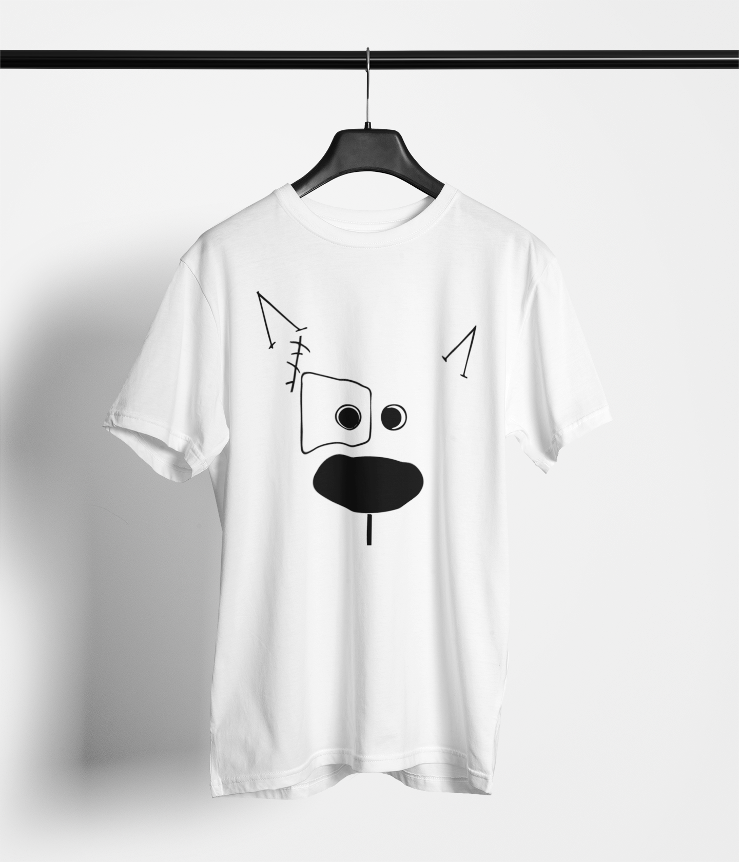 White t-shirt with white abstract geometric dog face design