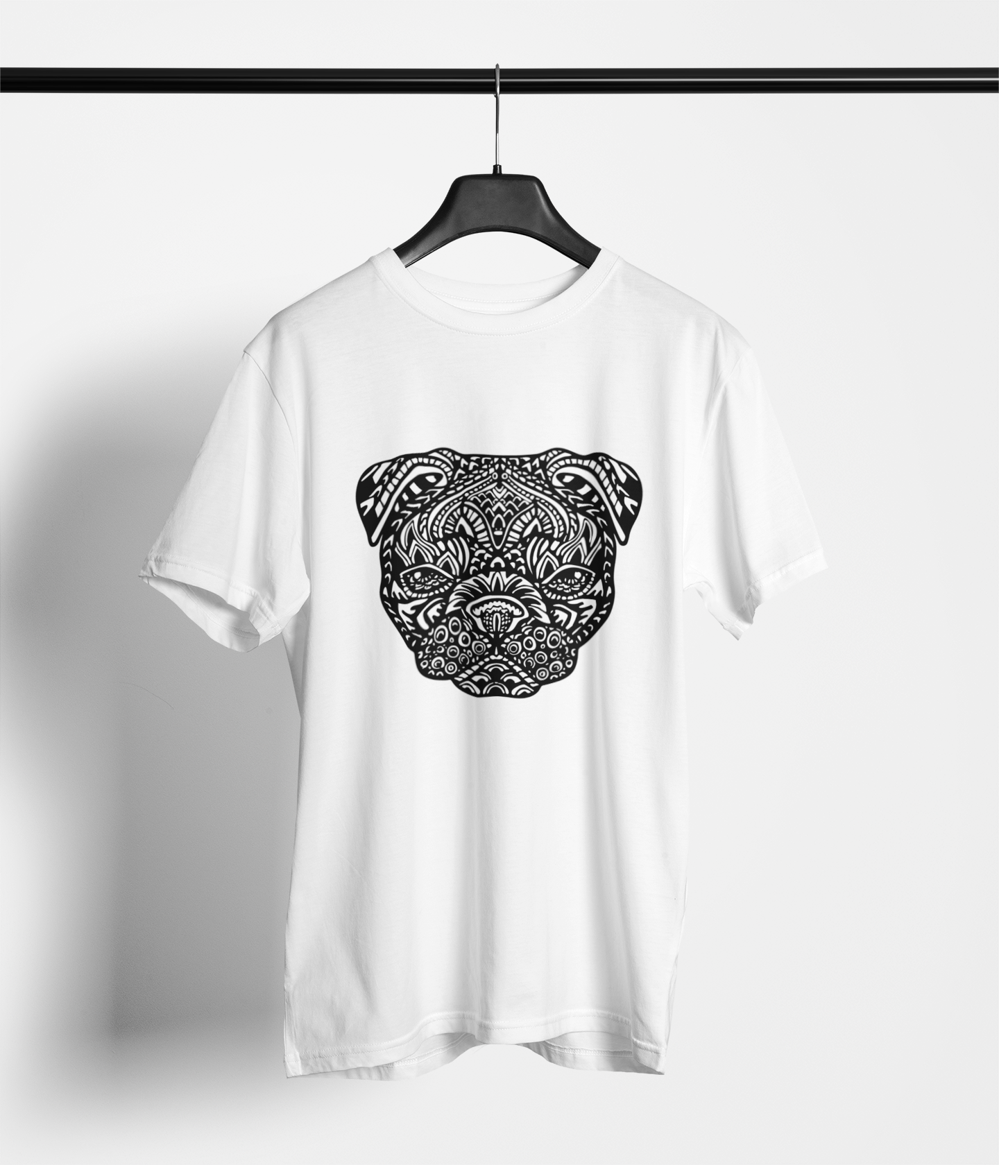 White tee with intricate abstract white dog face print
