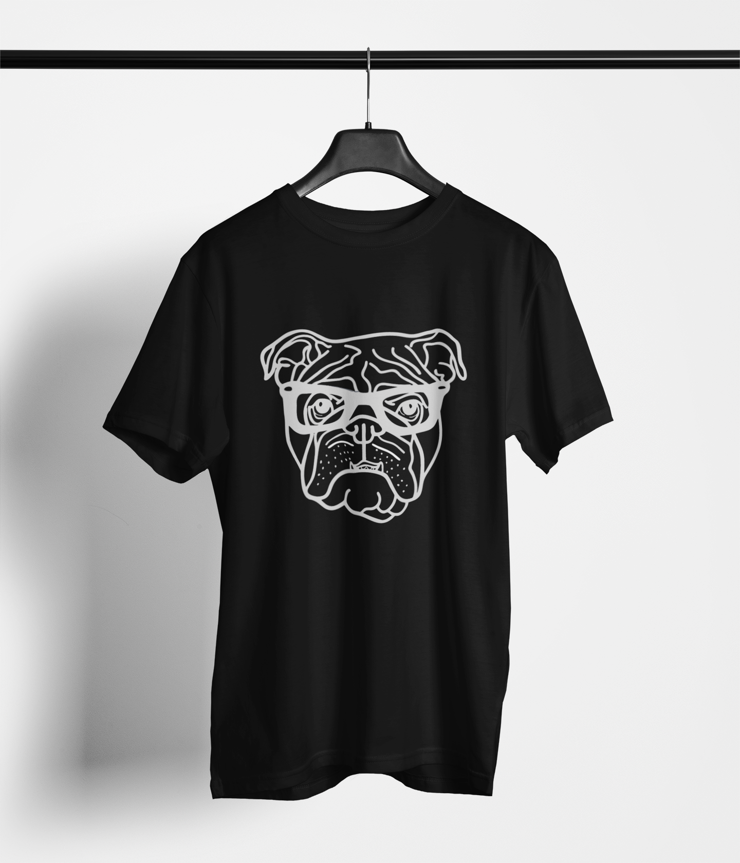 Black tee with white line‑art bulldog wearing glasses