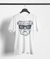 White tee with white line‑art bulldog wearing glasses