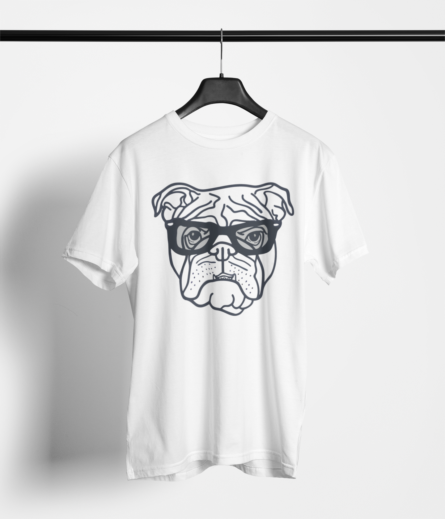 White tee with white line‑art bulldog wearing glasses