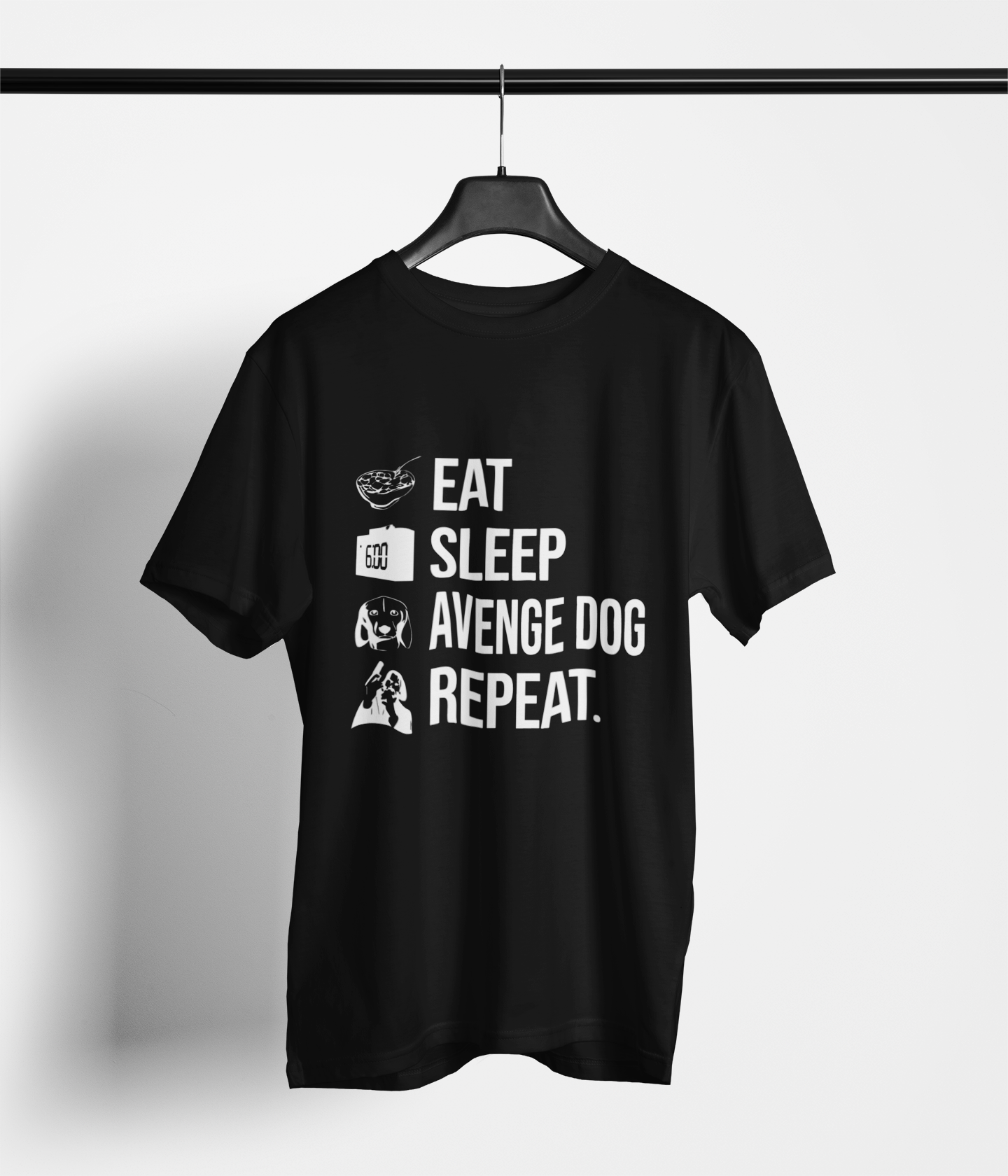Black tee with ‘Eat Sleep Avenge Dog Repeat’ text and icons
