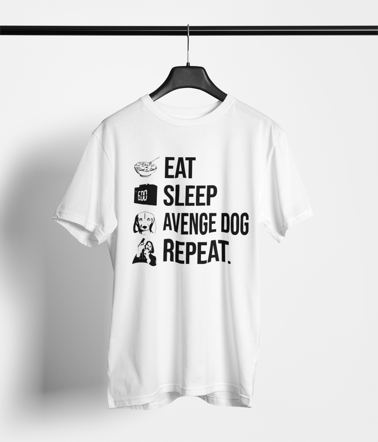 White tee with ‘Eat Sleep Avenge Dog Repeat’ text and icons
