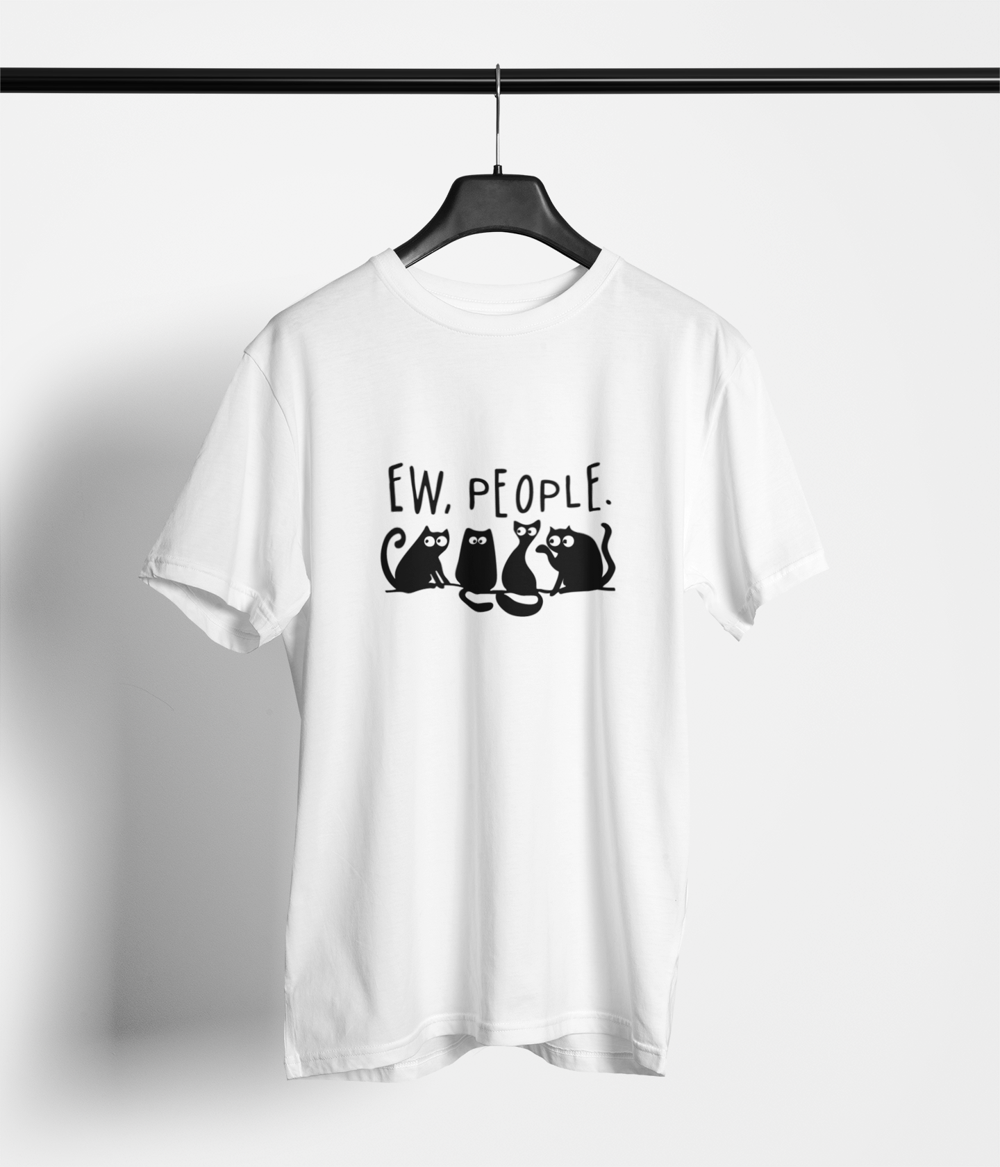 White t-shirt with ‘Ew, People’ and four judgmental cats