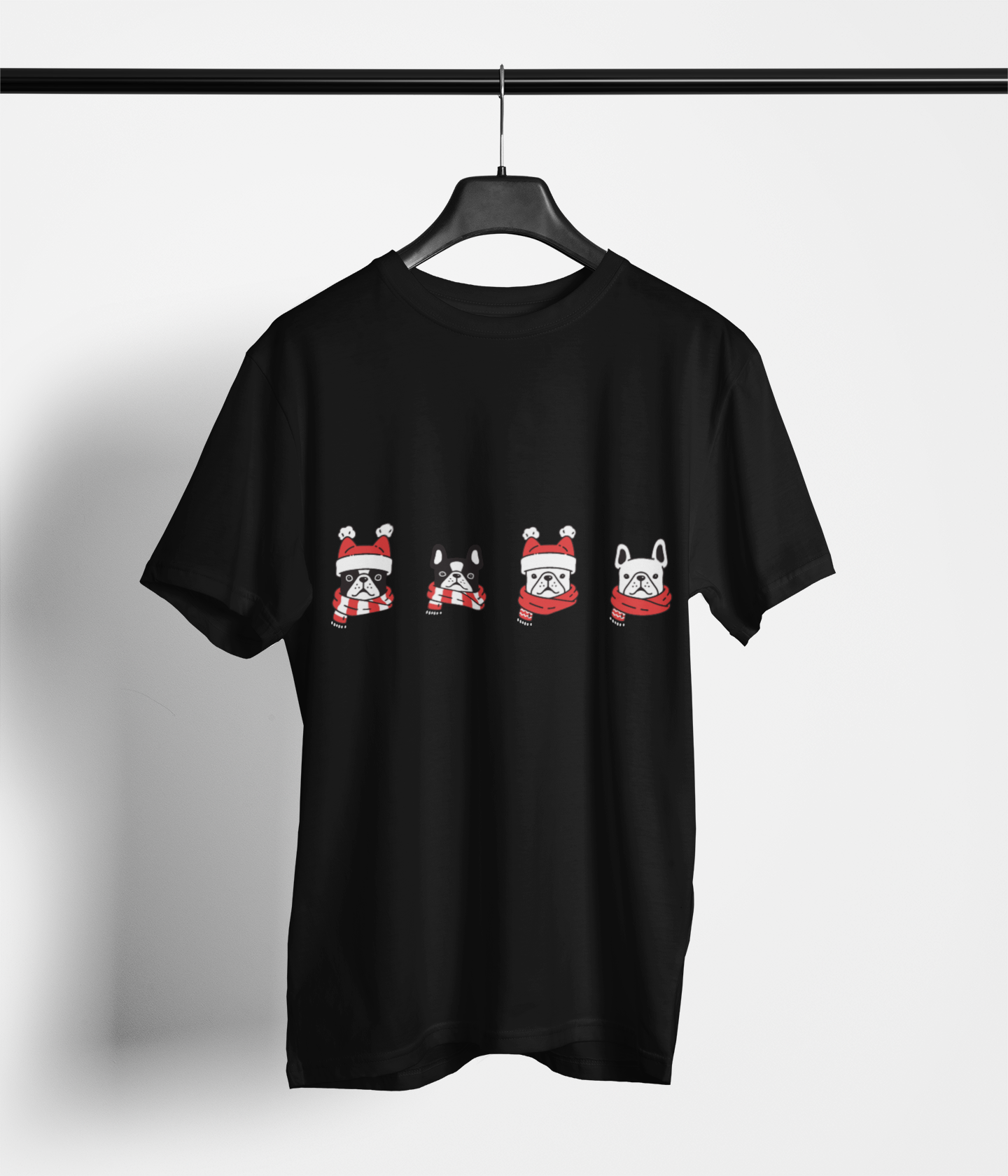 Festive Frenchie Parade T-Shirt – Santa Hats & Scarves
