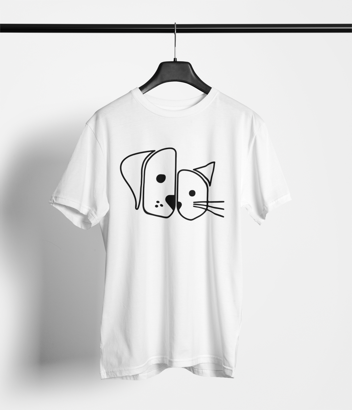 White tee with minimalist white line art blending dog and cat faces