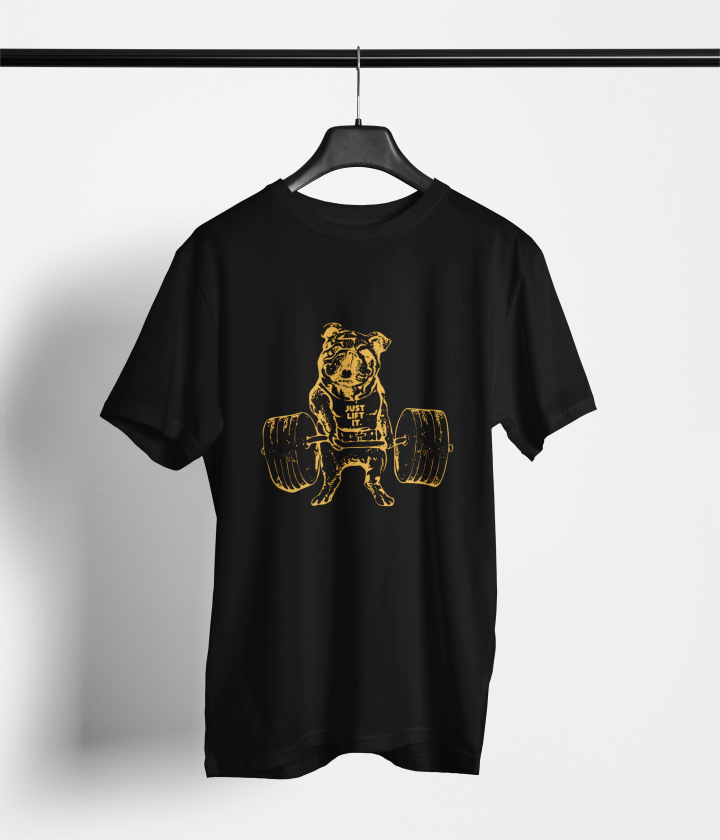 Black tee with golden bulldog lifting weights and ‘Just Lift It’ text