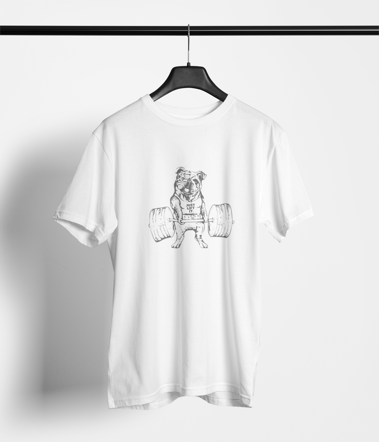 White tee with golden bulldog lifting weights and ‘Just Lift It’ text