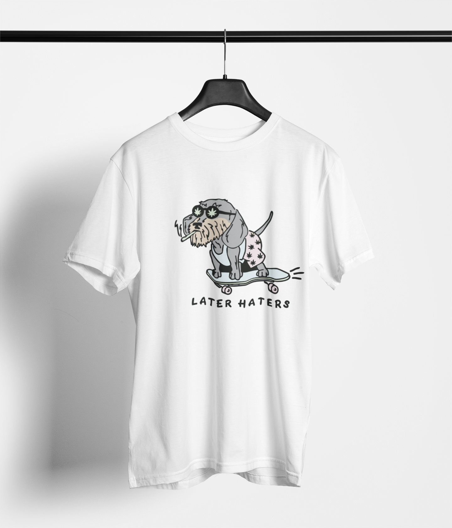‘Later Haters’ t-shirt with senior skateboarding dog – unisex UAE style