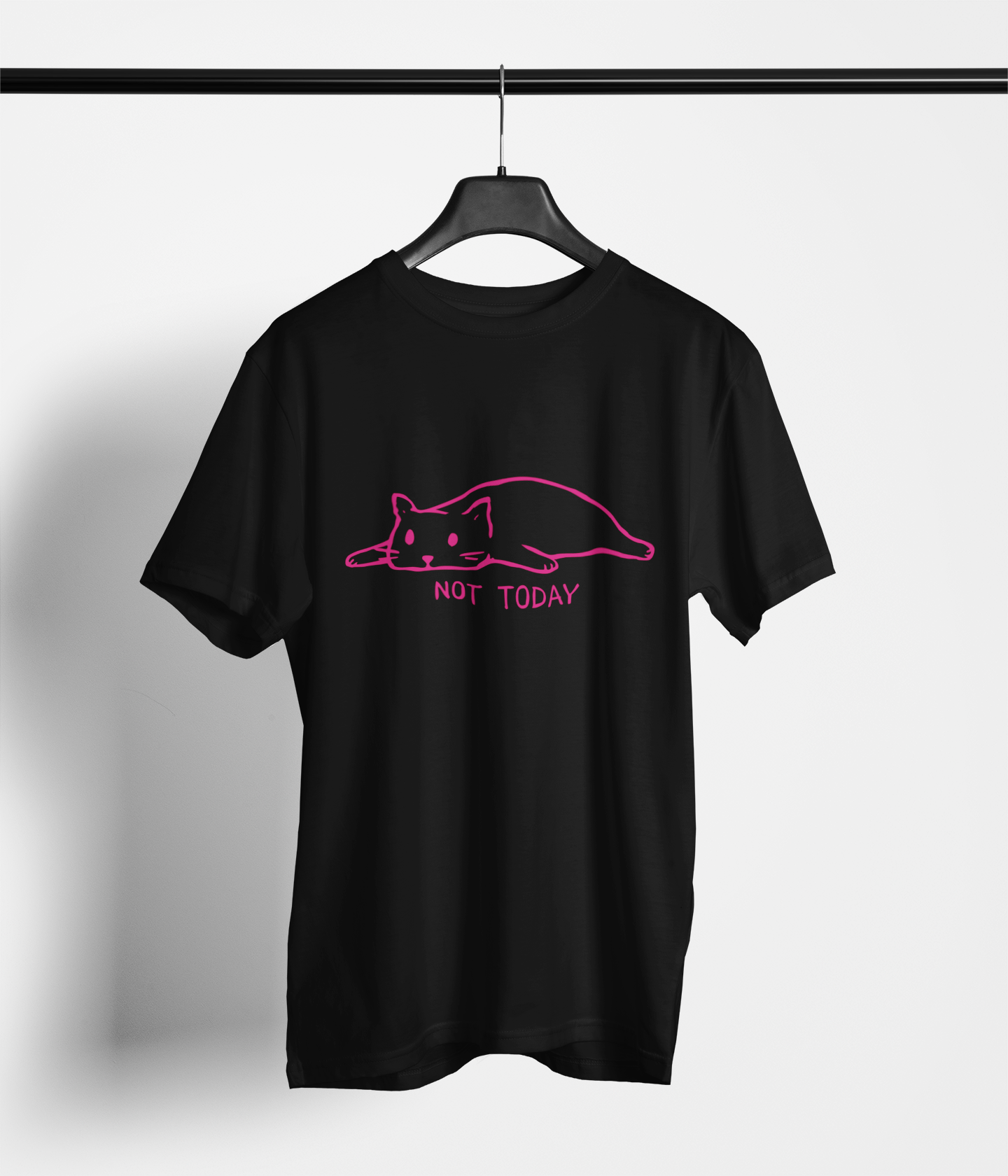 Black tee with pink lazy cat line art and ‘Not Today’