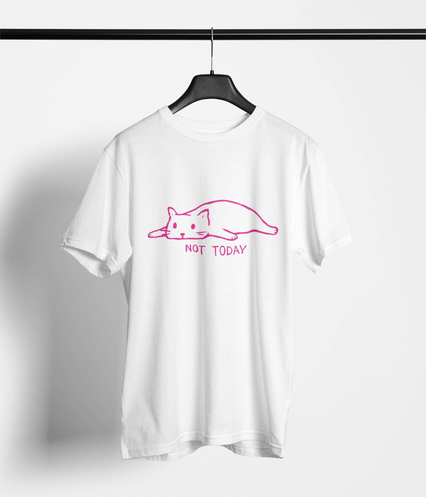 White tee with pink lazy cat line art and ‘Not Today’