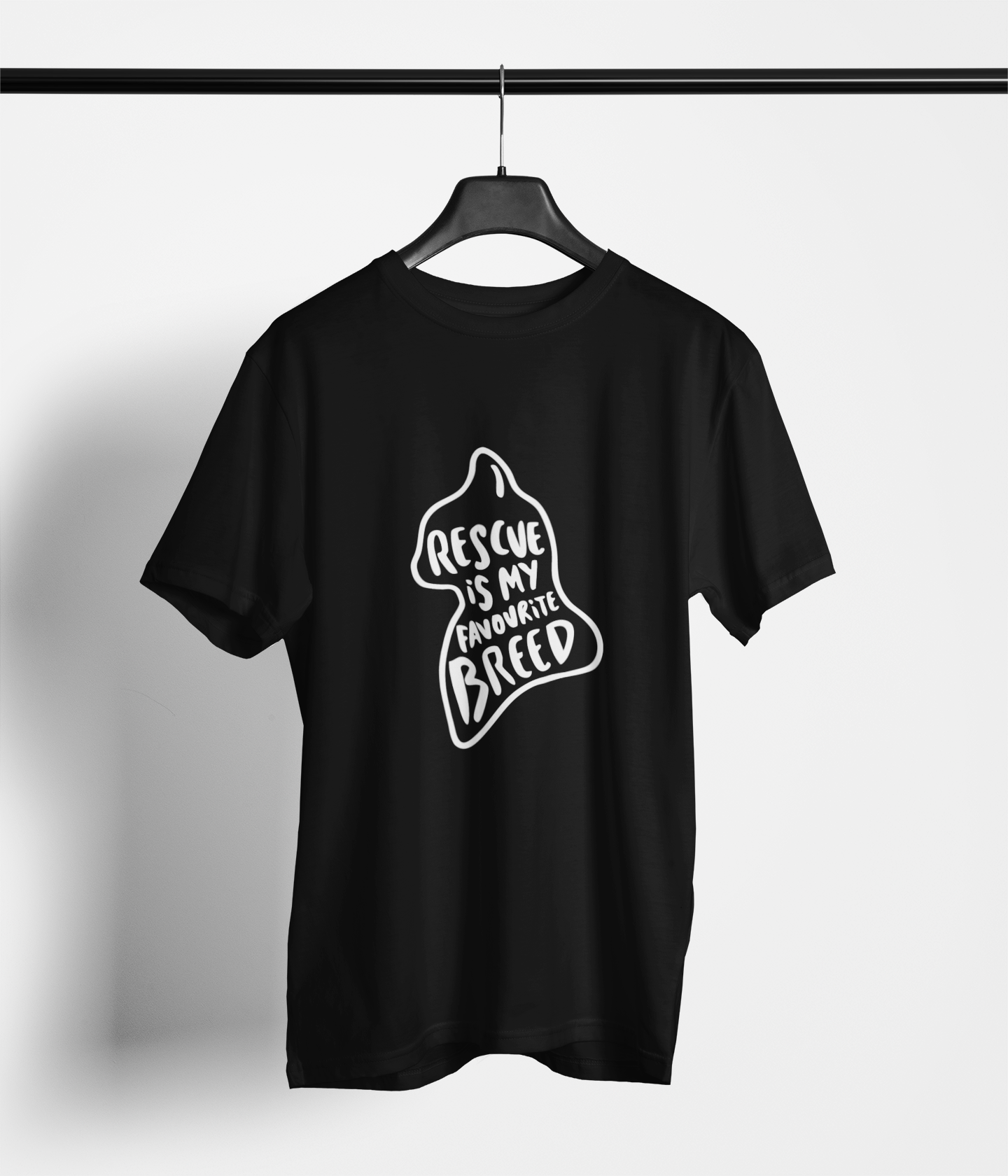 Black tee with cat silhouette and ‘Rescue Is My Favourite Breed’ text