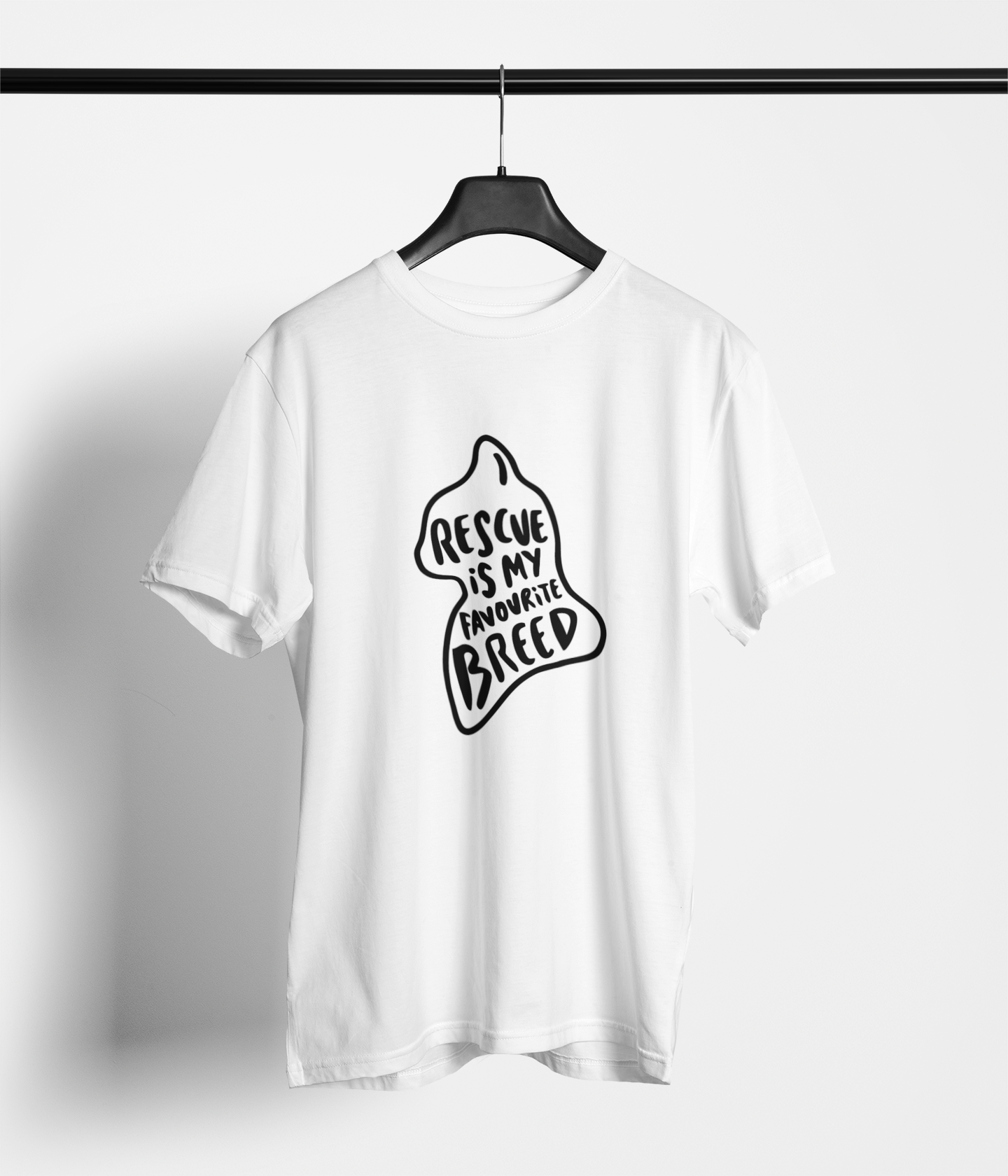 White tee with cat silhouette and ‘Rescue Is My Favourite Breed’ text