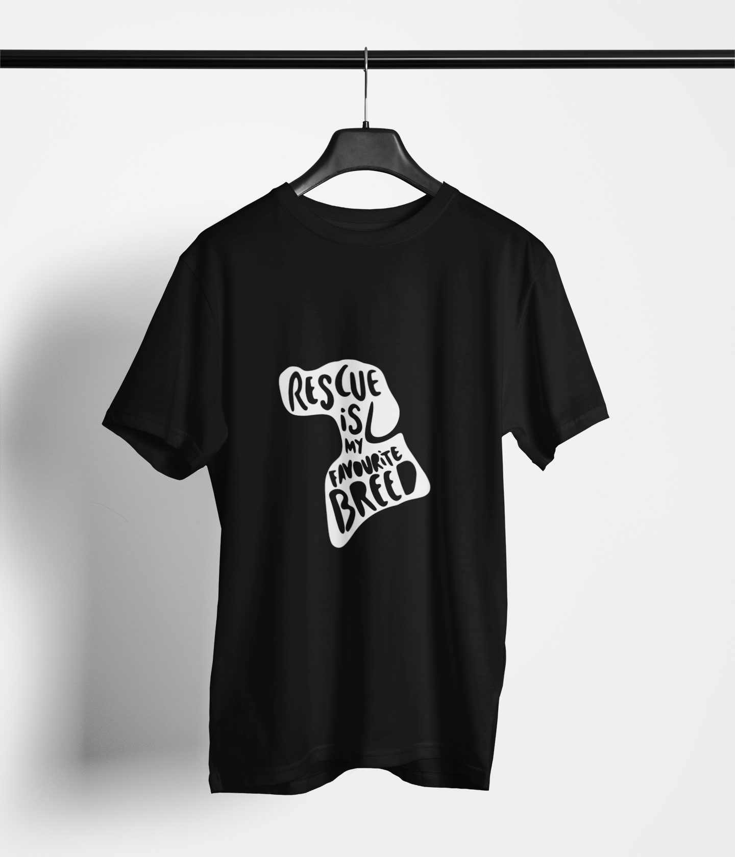 Black tee with dog silhouette and ‘Rescue Is My Favourite Breed’ text