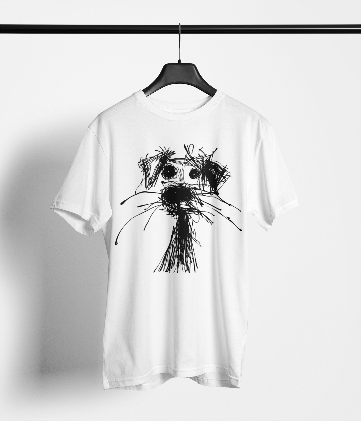 White t-shirt with pink scribble‑style dog face graphic