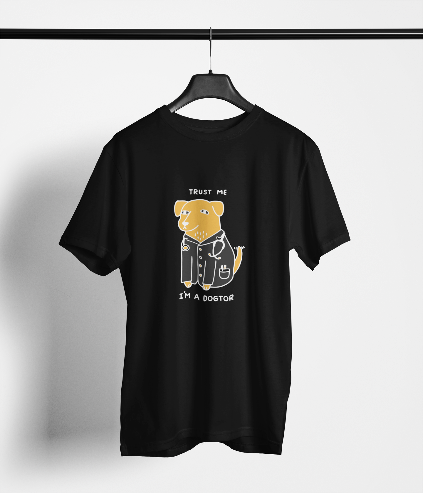 Black t-shirt with “Trust Me I’m a Dogtor” dog in doctor outfit