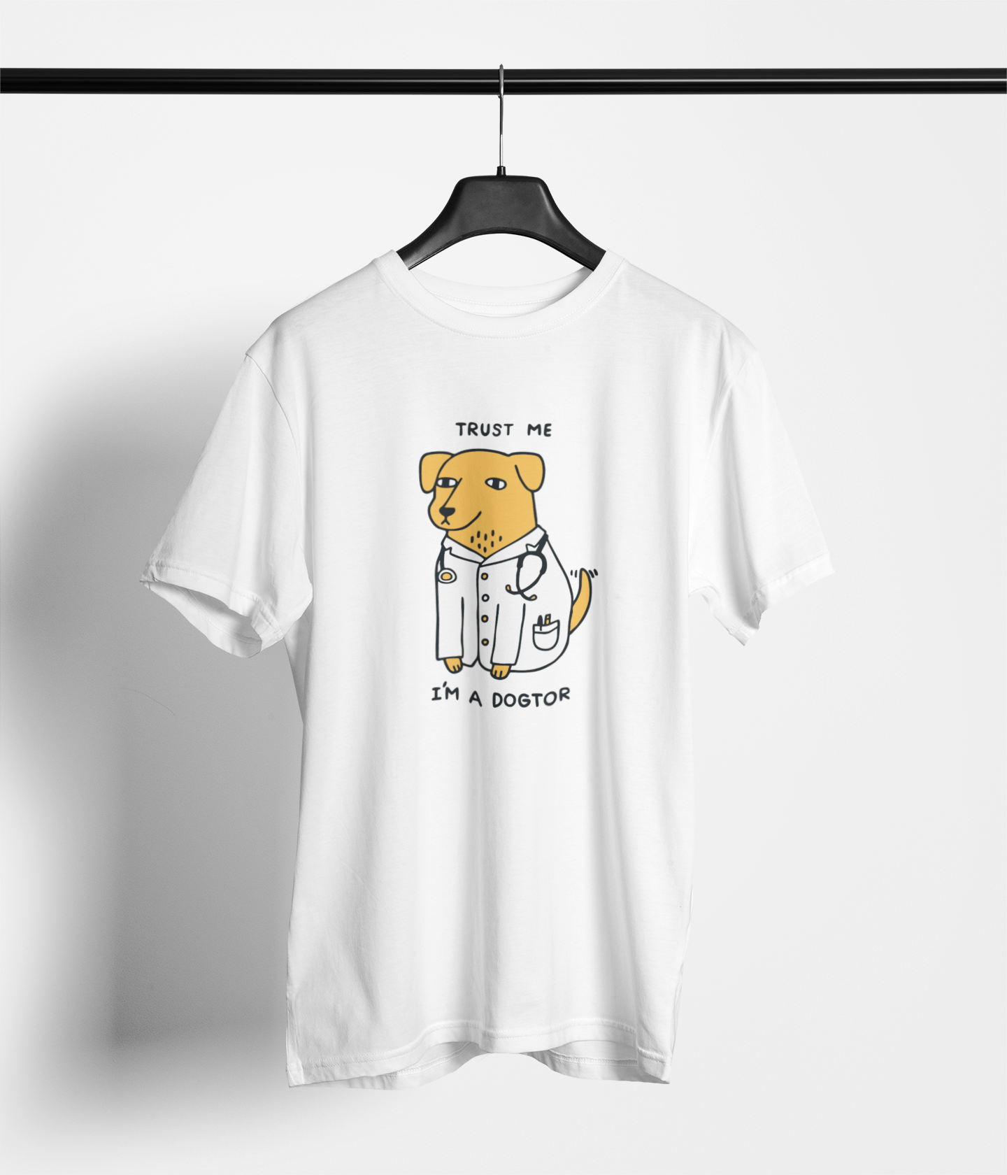 White t-shirt with “Trust Me I’m a Dogtor” dog in doctor outfit