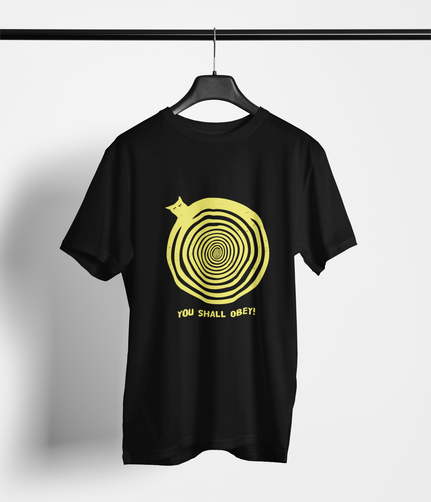Black tee with hypnotic spiral cat and ‘You Shall Obey’